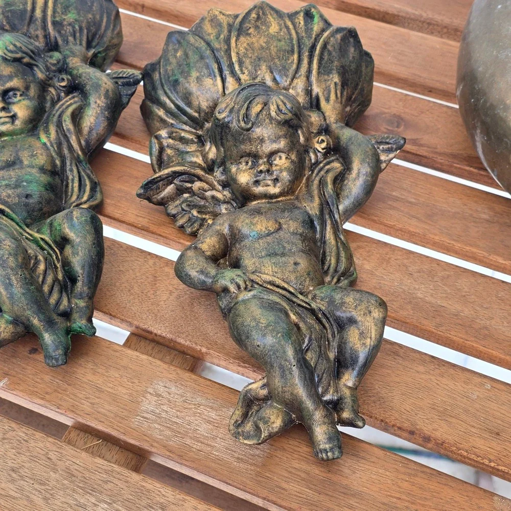 Vtg Inarco Cherub Wall Pocket Set Gold Winged Angel Planter light weight patina